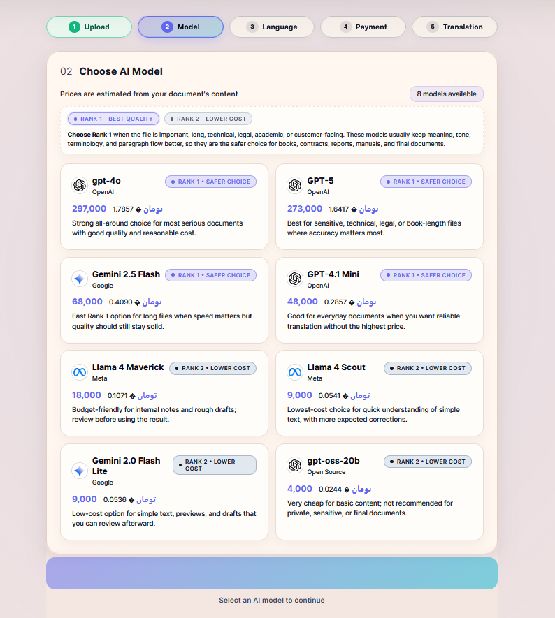 Model selection page preview