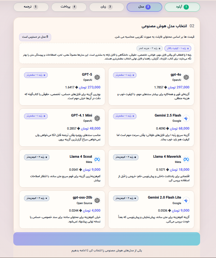 Model selection page preview